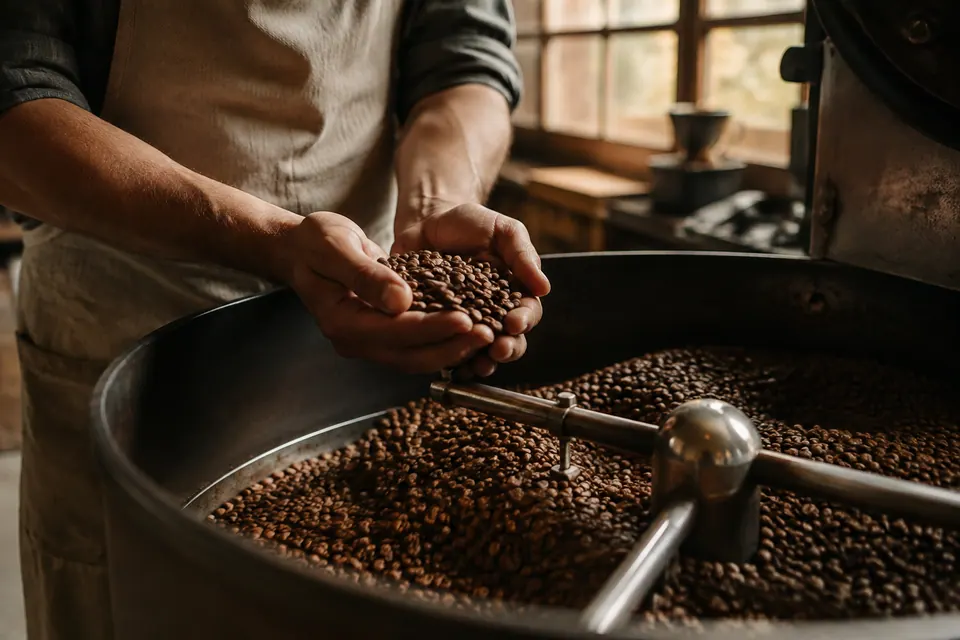 A roaster holding a handful of freshly roasted beans